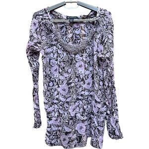 INC Top 6 Pink Blue Sequin Beaded Floral Sheer Silk Embellished Collar Chiffon